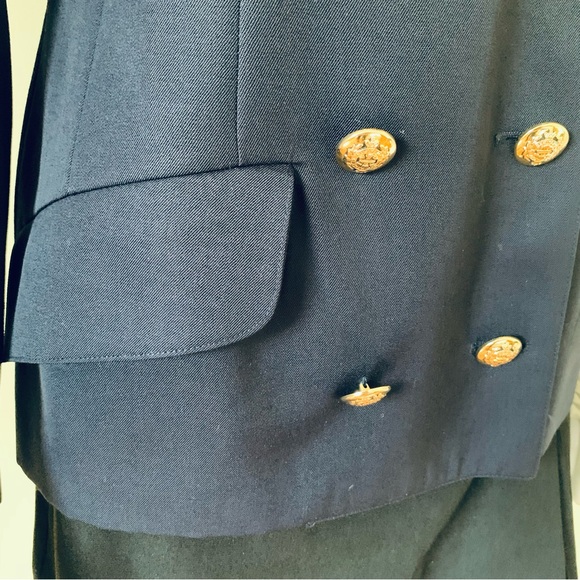 Navy blue pure virgin wool long blazer double breasted collar gold metal buttons - Picture 7 of 15